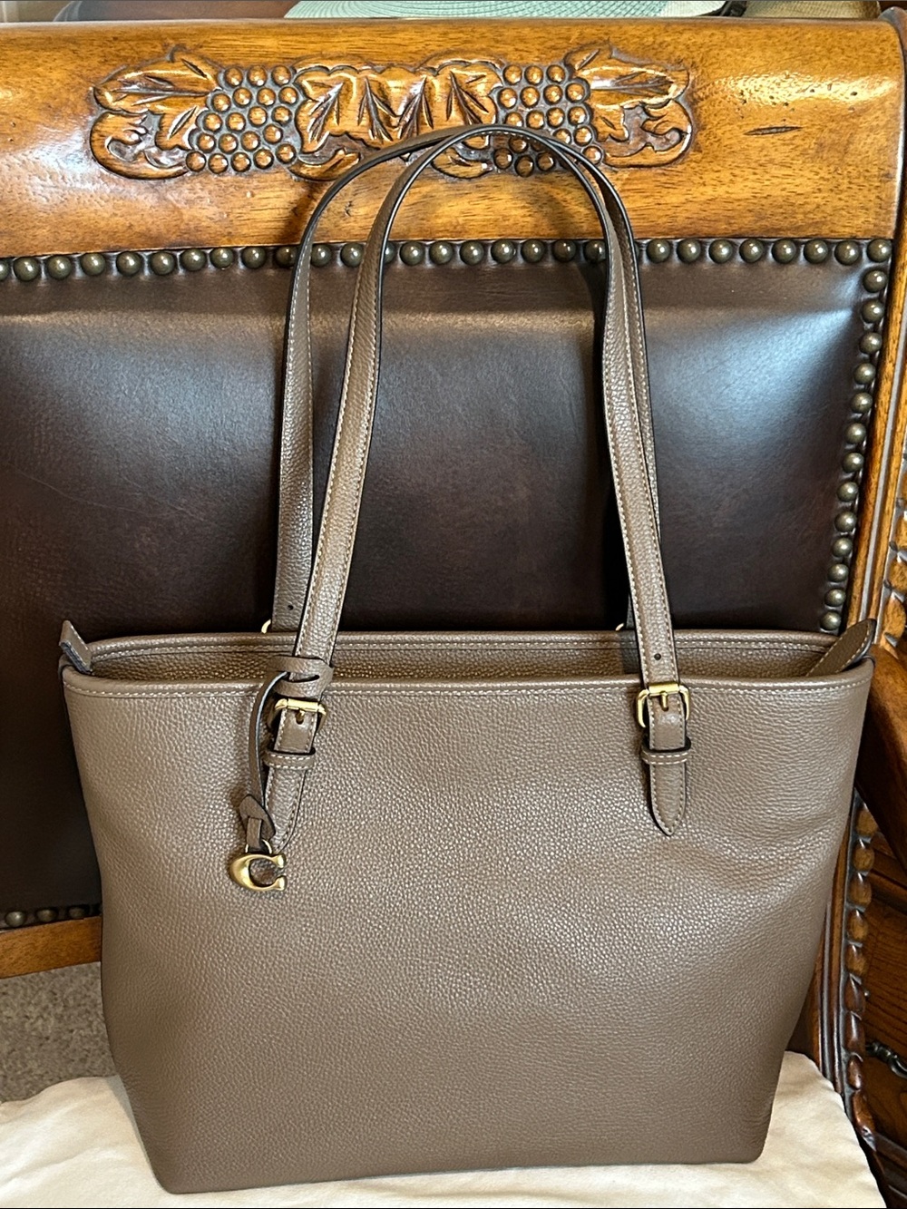 Coach Pebbled Leather Tote in Taupe Brown with Gold Hardware